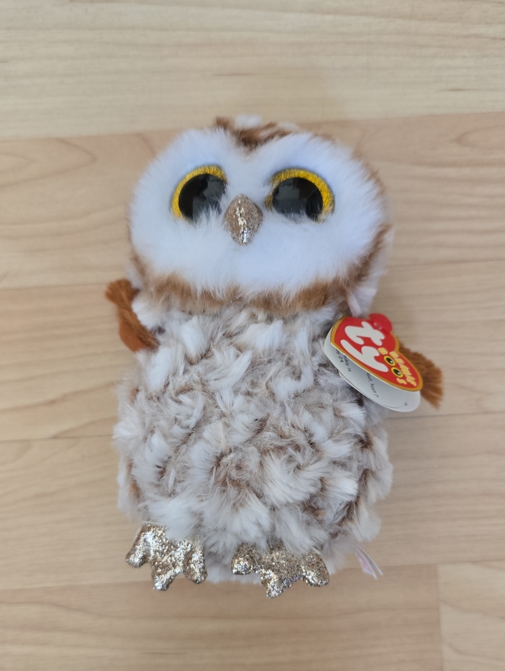TY Beanie Boos - PERCY the Brown Owl (Glitter Eyes) (7 inch) - White/Gold/Brown